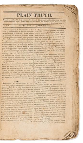 (MORMONS.) [Lyman Spalding, editor.] Volume of the magazine "Plain Truth," which may have influenced Joseph Smith.                               